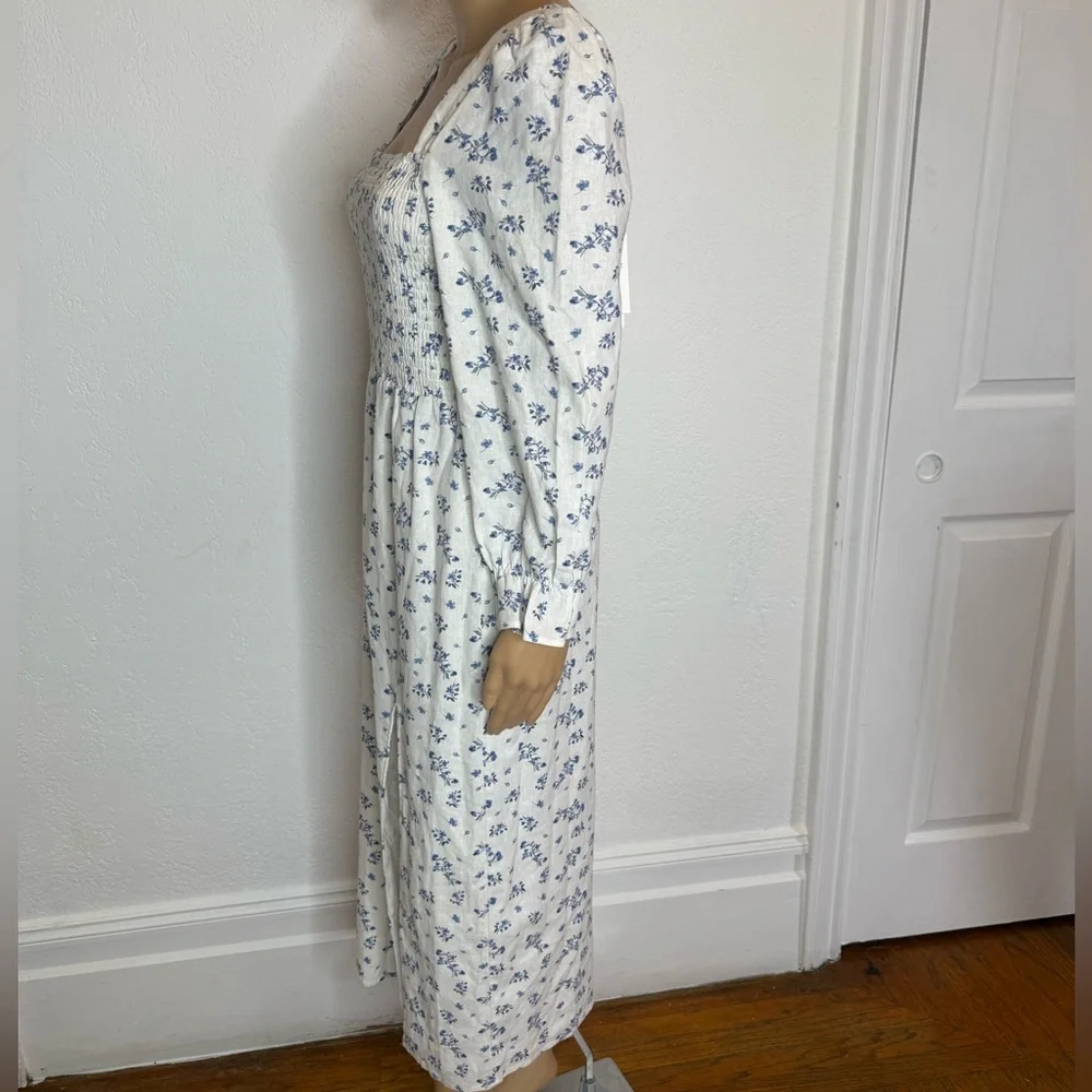 🆕 House Of Harlow 1960 Linen Size S Dress Smocked Bodice Front Slit Beachy - Picture 4 of 9